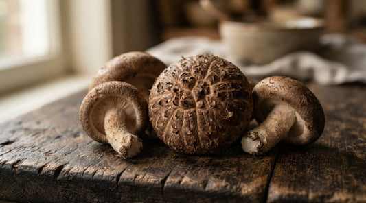 Champignons Shiitake frais sur une table en bois, idéal pour la cuisine santé et la mycothérapie