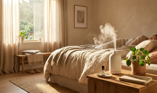 Chambre saine et lumineuse avec un diffuseur d'huiles essentielles pour lutter naturellement contre les acariens et purifier l'air.