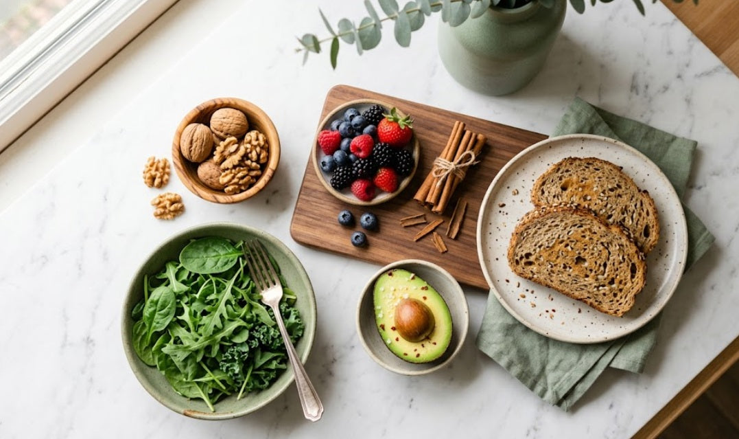 Alimentation naturelle pour stabiliser la glycémie : légumes, cannelle, noix et aliments à index glycémique bas pour réguler le taux de sucre dans le sang