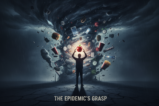 Illustration conceptuelle d'une personne se protégeant d'un tourbillon de symboles (malbouffe, écrans, stress) représentant les causes de l'épidémie de diabète de type 2.