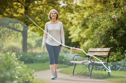 Femme marchant 15 minutes après un repas pour contrôler sa glycémie diabétique, avec courbe glycémique descendante illustrant l'efficacité de la marche post-prandiale