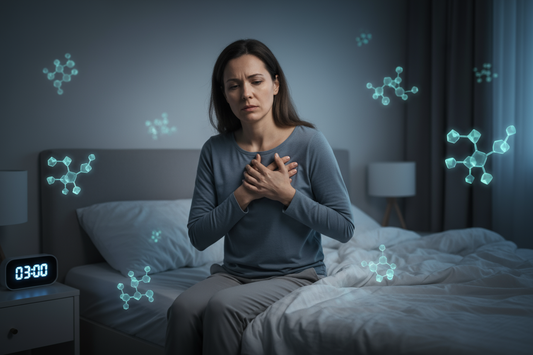 Femme se réveillant la nuit à 3h du matin avec des molécules de cortisol illustrant l'hormone du stress liée au diabète