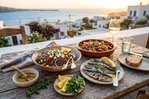 Table méditerranéenne face à la mer : salade de lentilles, sardines grillées, légumes, citron et huile d'olive
