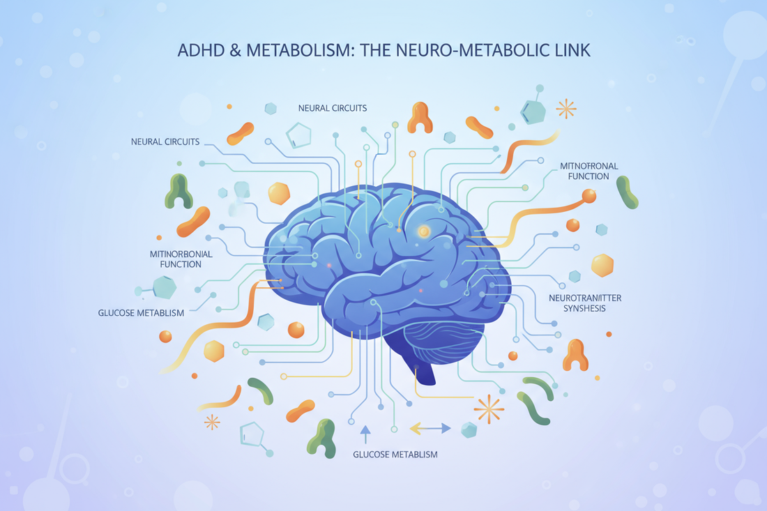image de cerveau entoure de symboles evoquant le lien neuro metabolique entre trouble de l attention et de l hyperactivité ou tdah et metabolisme et alimentation