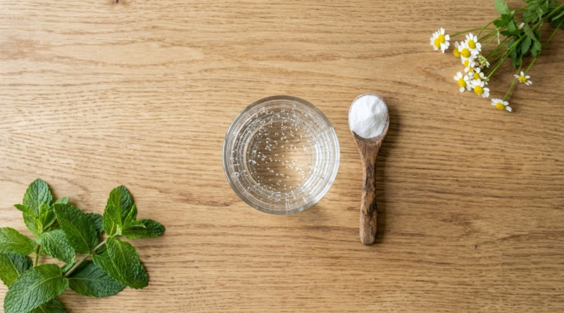 Verre d'eau et cuillère de bicarbonate de soude pour réaliser le test maison d'hypochlorhydrie et d'acidité gastrique