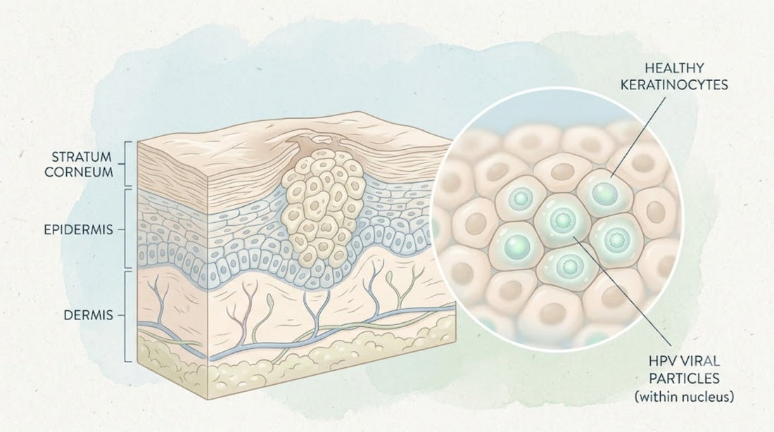 Schéma en coupe d'une verrue plantaire dans l'épiderme causée par le virus HPV, illustrant les causes et le traitement des verrues