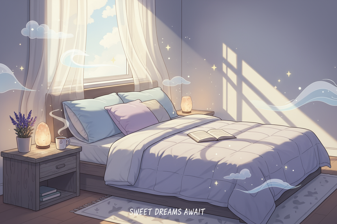 Image semi realiste de chambre a coucher avec un lit entoure de petits nuages et d etoiles evoquant un sommeil retrouve et des nuits paisibles