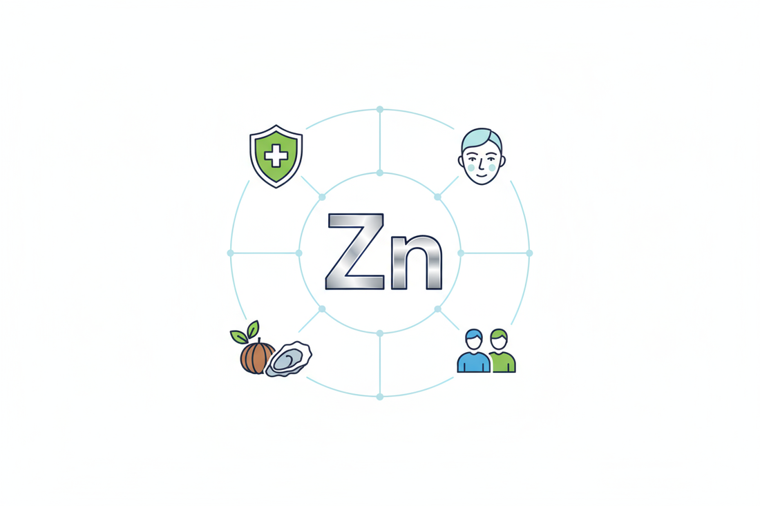 Représentation graphique des bienfaits du zinc (Zn) pour la santé : illustration d'un atome entouré d'icônes pour l'immunité, la peau, les hormones et les sources alimentaires (huître, graine de courge).