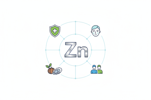 Représentation graphique des bienfaits du zinc (Zn) pour la santé : illustration d'un atome entouré d'icônes pour l'immunité, la peau, les hormones et les sources alimentaires (huître, graine de courge).