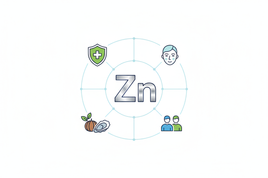 Représentation graphique des bienfaits du zinc (Zn) pour la santé : illustration d'un atome entouré d'icônes pour l'immunité, la peau, les hormones et les sources alimentaires (huître, graine de courge).