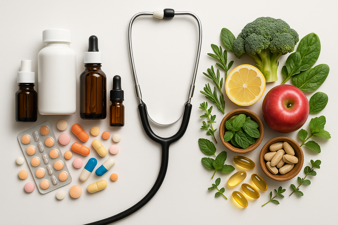 Illustration conceptuelle de la synergie entre la naturopathie (plantes et feuilles) et la médecine (médicamants et remèdes allopathiques et technologique), qui créent ensemble un symbole de santé.