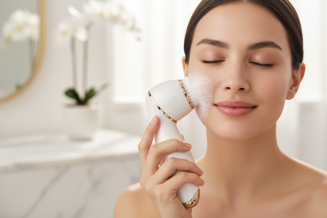 Femme utilisant une brosse nettoyante visage sonique dans une salle de bain de luxe, créant une mousse fine sur sa peau.