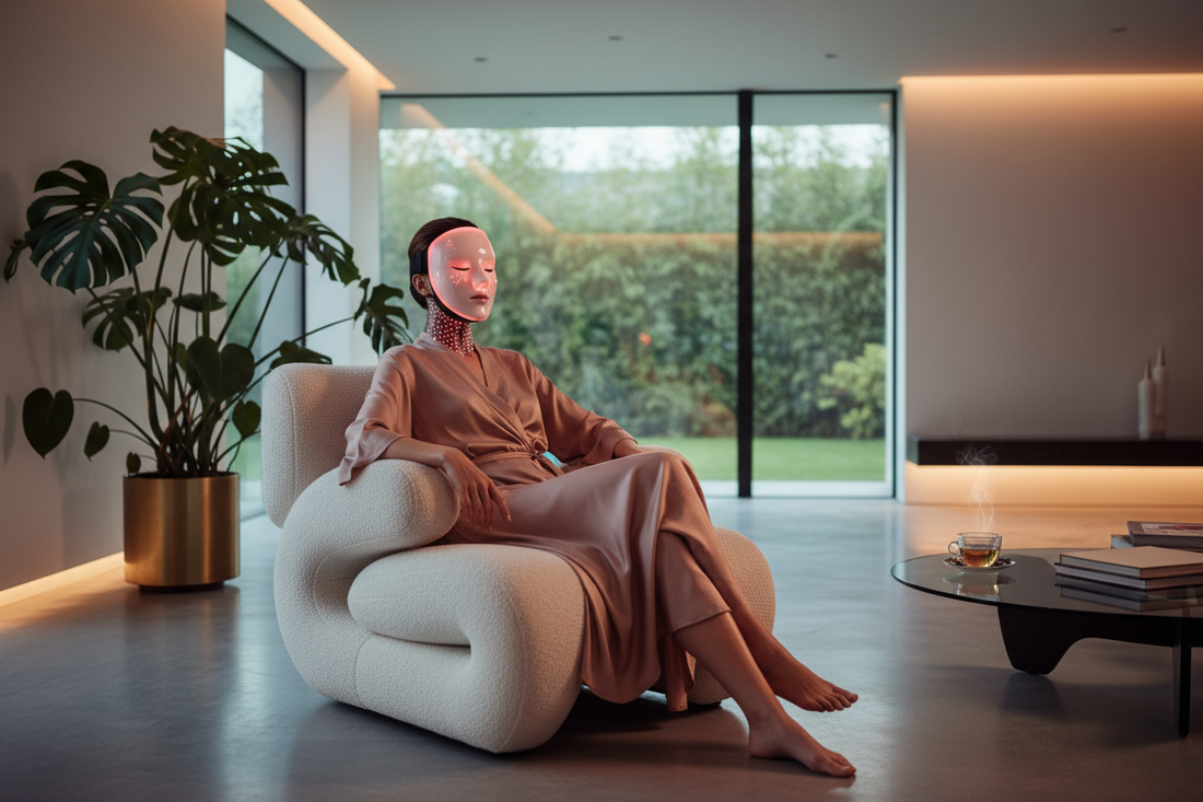 Femme se relaxant avec un masque de luminothérapie LED rouge sur le visage et le cou.