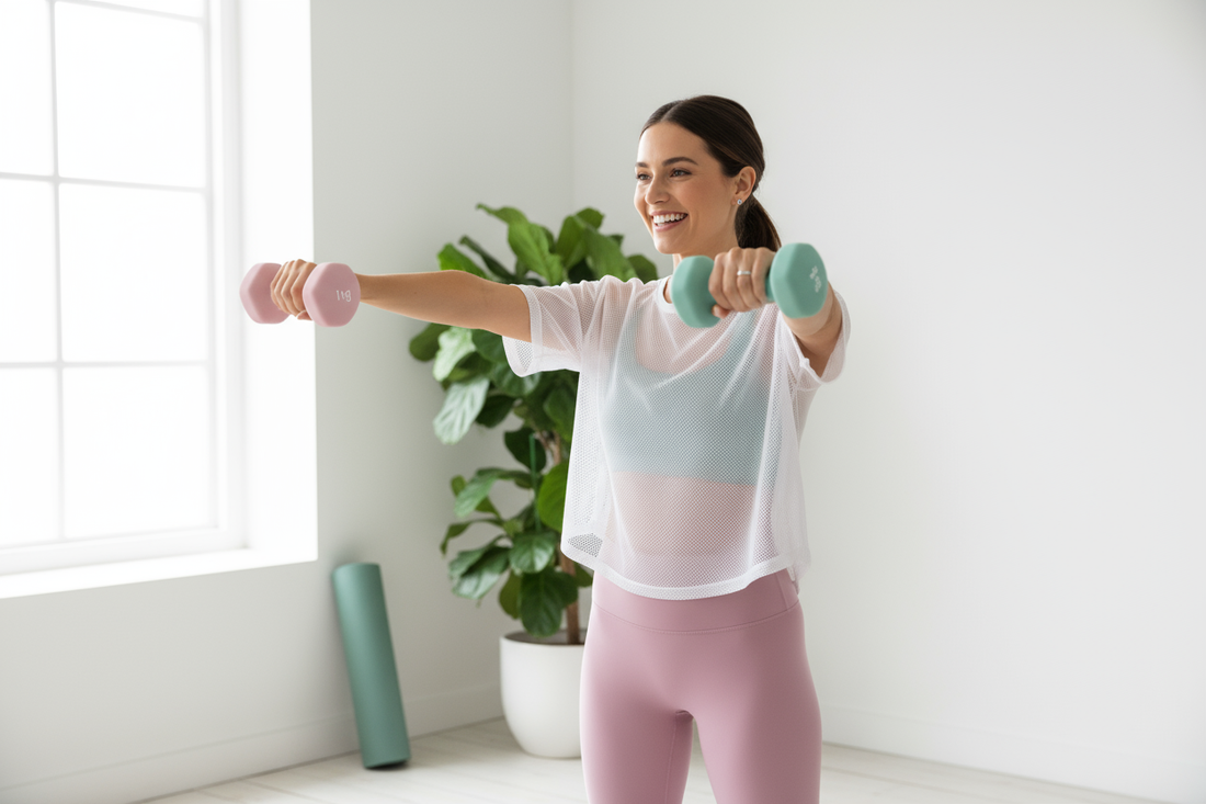 Femme souriante tonifiant ses épaules avec des haltères de 1kg colorés dans son salon lumineux, illustrant le fitness à domicile.