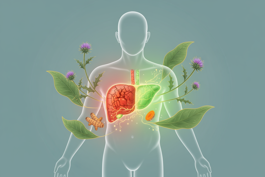 Illustration symbolique de la régénération du foie, montrant un organe moitié enflammé et rouge, et moitié sain et vert, guéri grâce à l'action de remèdes naturels comme le chardon-marie.