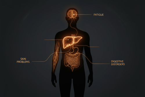 Silhouette d'une personne où le foie est illuminé, envoyant de subtils signaux lumineux vers la tête, la peau et le ventre, illustrant les symptômes précoces et silencieux d'un foie malade.