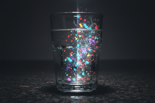 Un verre d'eau dont une moitié est parfaitement claire et l'autre révèle une vue microscopique de contaminants comme des microplastiques et des produits chimiques, symbolisant les dangers cachés de l'eau du robinet.