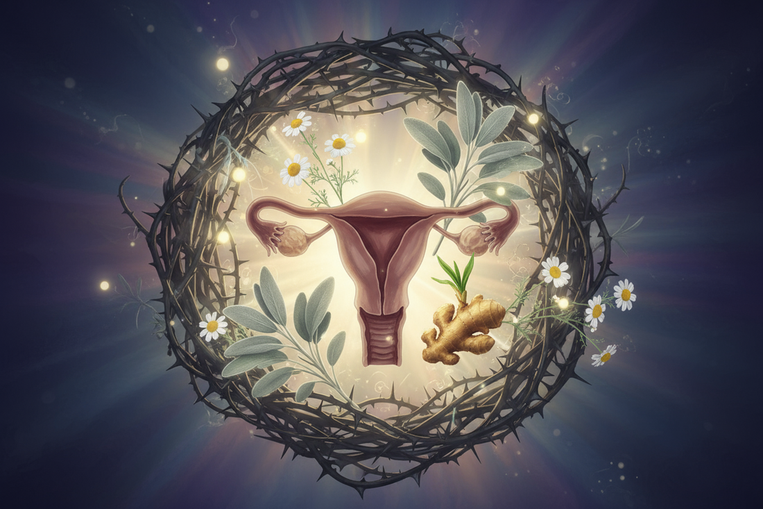 Un utérus stylisé dont les ronces de la douleur sont délicatement dénouées par des plantes médicinales lumineuses, symbolisant le soulagement naturel des règles douloureuses.