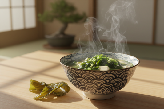 Bol de soupe miso garni d'algues Wakame sur une table, illustrant les aliments japonais riches en iode et la connexion entre la consommation d'algues et la longévité.