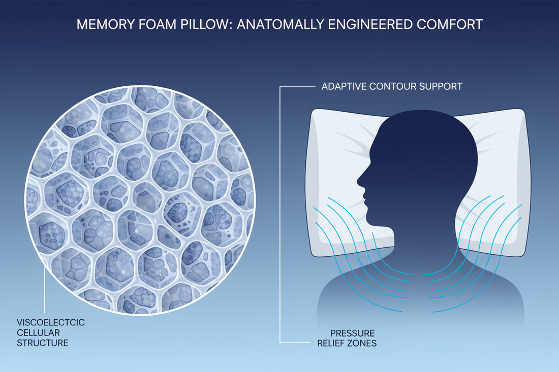 Infographie montrant la technologie d'un oreiller à mémoire de forme soutenant la tête et la nuque.