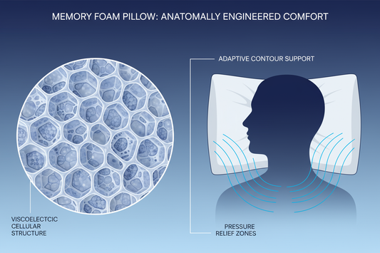 Infographie montrant la technologie d'un oreiller à mémoire de forme soutenant la tête et la nuque.