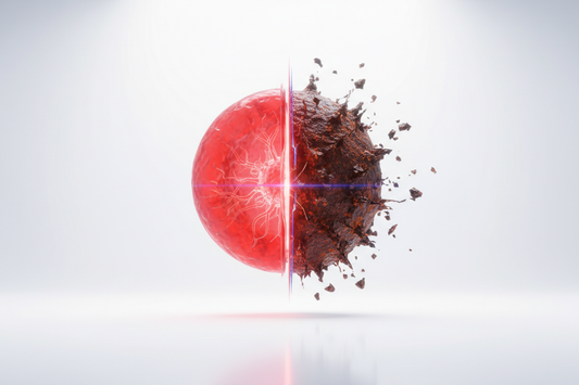 Une illustration médicale montrant un globule rouge dont la moitié est saine et rouge vif, et l'autre moitié est métallique et rouillée, symbolisant le paradoxe du fer : essentiel à la vie mais toxique en excès.