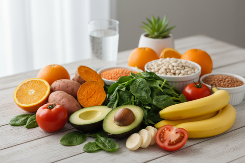 Assortiment d'aliments frais et sains riches en potassium (avocats, épinards, patates douces, haricots blancs, bananes, etc.) sur une table en bois, illustrant une alimentation équilibrée pour la santé cardiovasculaire. `