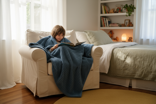 Enfant dormant paisiblement sous une couverture lestée grise dans sa chambre à coucher