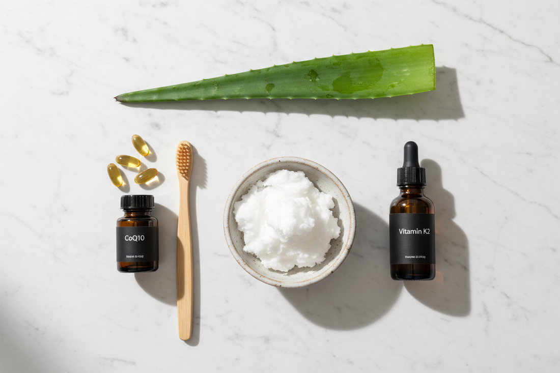 Routine de soins naturels pour la parodontite, montrant de l'huile de coco, une brosse en bambou, des vitamines K2 et CoQ10, et de l'aloe vera sur un fond en marbre.