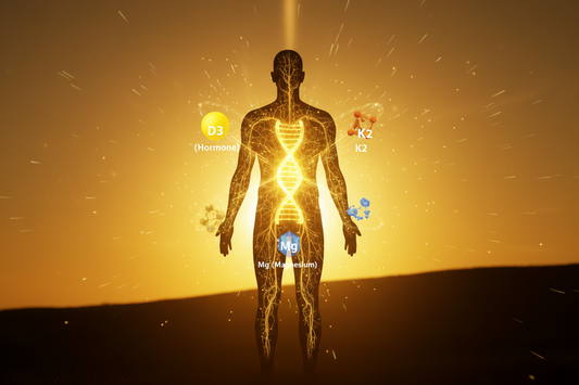 Illustration scientifique montrant l'activation hormonale de la Vitamine D par le soleil dans le corps humain, travaillant en synergie avec les co-facteurs Vitamine K2 et Magnésium pour réguler l'ADN, l'immunité et la testostérone.