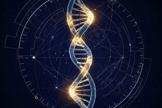 Illustration conceptuelle montrant un brin d'ADN dont les extrémités, les télomères, sont protégées par une lumière dorée symbolisant l'action de l'enzyme télomérase contre le vieillissement cellulaire.