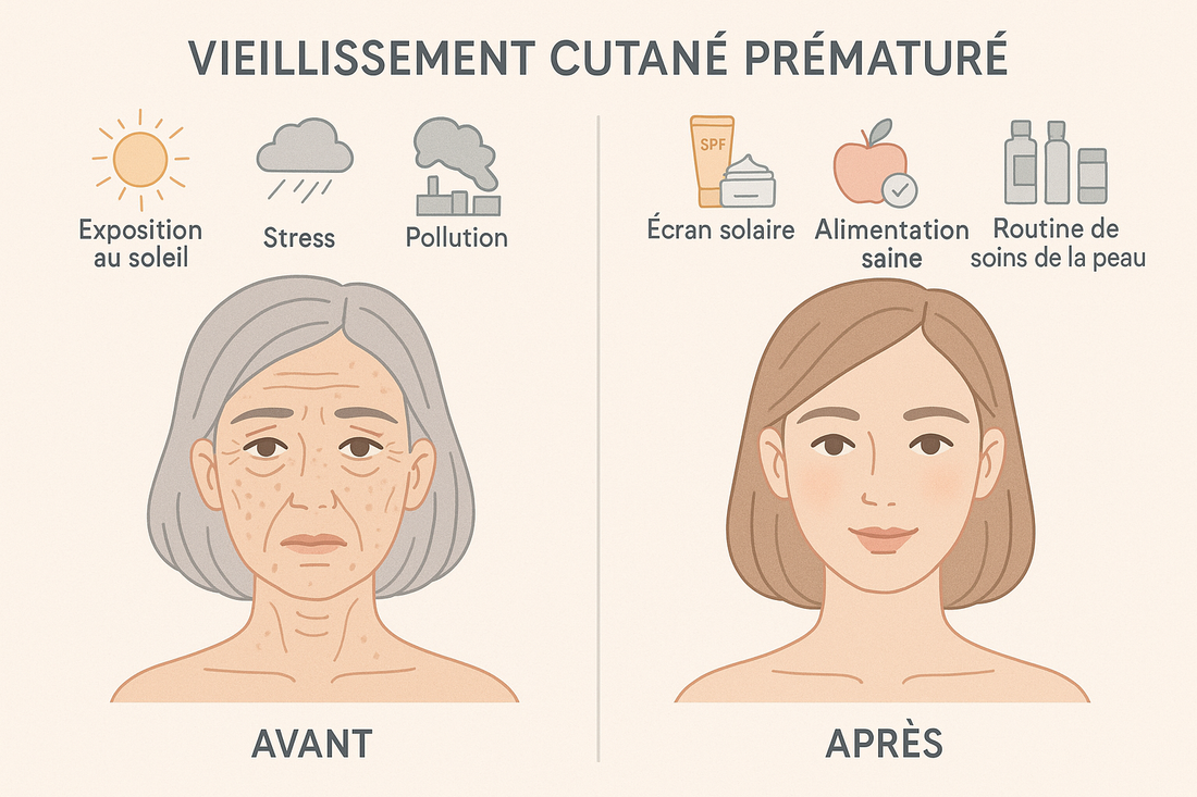 Illustration scientifique montrant les causes du vieillissement cutané prématuré : les UV, la pollution et le sucre endommageant les fibres de collagène de la peau.