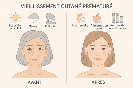 Illustration scientifique montrant les causes du vieillissement cutané prématuré : les UV, la pollution et le sucre endommageant les fibres de collagène de la peau.