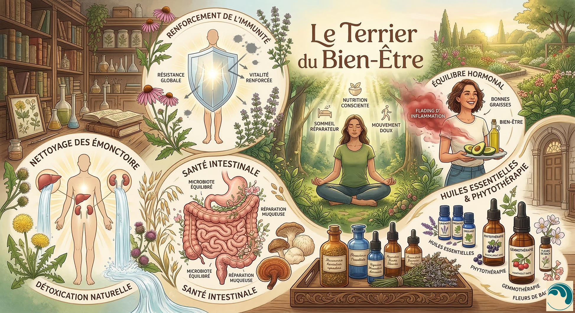 Une infographie illustrée et détaillée intitulée 'Le Terrier du Bien-Être'. Elle est divisée en six sections principales interconnectées par des plantes et des racines, dans un style de gravure botanique ancienne. En haut à gauche, 'RENFORCEMENT DE L'IMMUNITÉ' montre une figure humaine sous un bouclier, avec les textes 'RÉSISTANCE GLOBALE' et 'VITALITÉ RENFORCÉE', entourée d'échinacée. En bas à gauche, 'NETTOYAGE DES ÉMONCTOIRES' et 'DÉTOXICATION NATURELLE' présentent des organes. En bas au centre, 'SANTÉ I