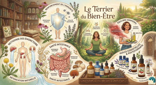 Une infographie illustrée et détaillée intitulée 'Le Terrier du Bien-Être'. Elle est divisée en six sections principales interconnectées par des plantes et des racines, dans un style de gravure botanique ancienne. En haut à gauche, 'RENFORCEMENT DE L'IMMUNITÉ' montre une figure humaine sous un bouclier, avec les textes 'RÉSISTANCE GLOBALE' et 'VITALITÉ RENFORCÉE', entourée d'échinacée. En bas à gauche, 'NETTOYAGE DES ÉMONCTOIRES' et 'DÉTOXICATION NATURELLE' présentent des organes. En bas au centre, 'SANTÉ I