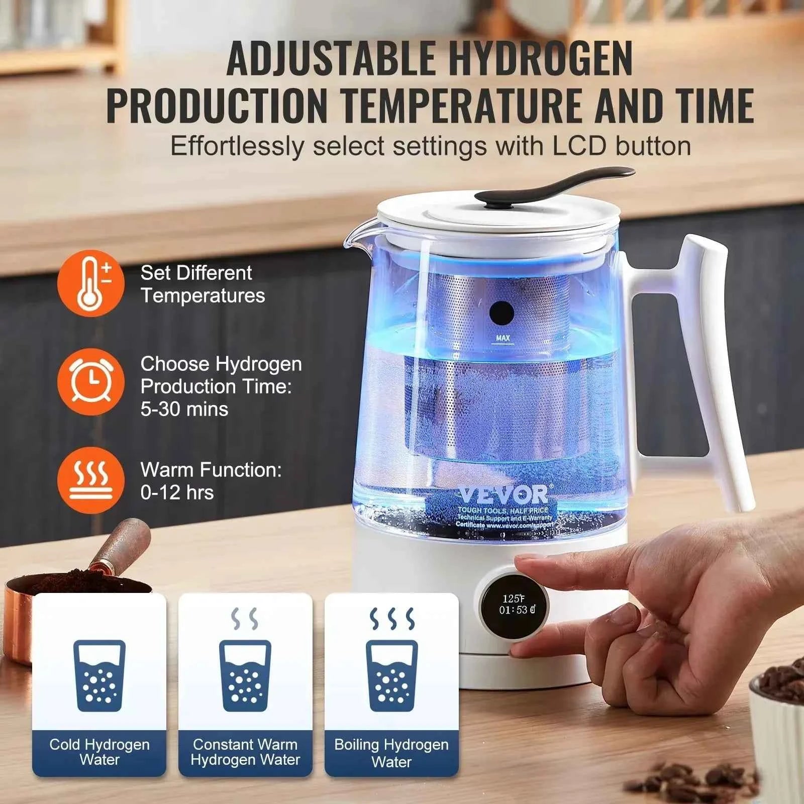 Générateur d'eau à hydrogène - Carafe & bouilloire - 1.5L - Concentration en hydrogène de 1500 ppb