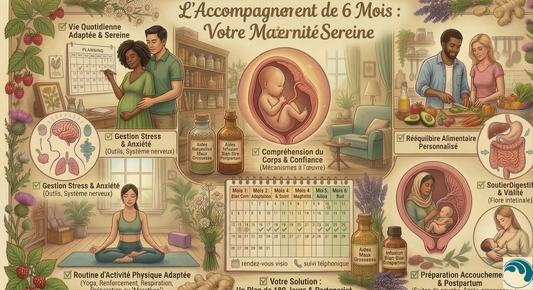 Infographie illustrée du programme d'accompagnement de 6 mois pour une maternité sereine, présentant des conseils sur la nutrition, le yoga prénatal, la gestion du stress et la préparation à l'accouchement pour les futurs parents.