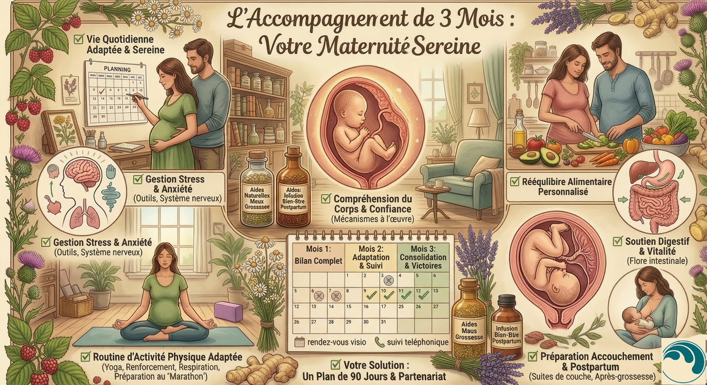 Infographie illustrative du programme d'accompagnement de 3 mois pour une maternité sereine, présentant les piliers du bien-être : rééquilibrage alimentaire, yoga prénatal, gestion du stress et préparation à l'accouchement par la naturopathie.