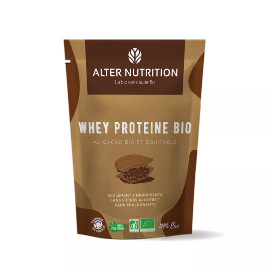 Sac de protéine whey bio cacao de Alter Nutrition, composé de seulement 2 ingrédients naturels