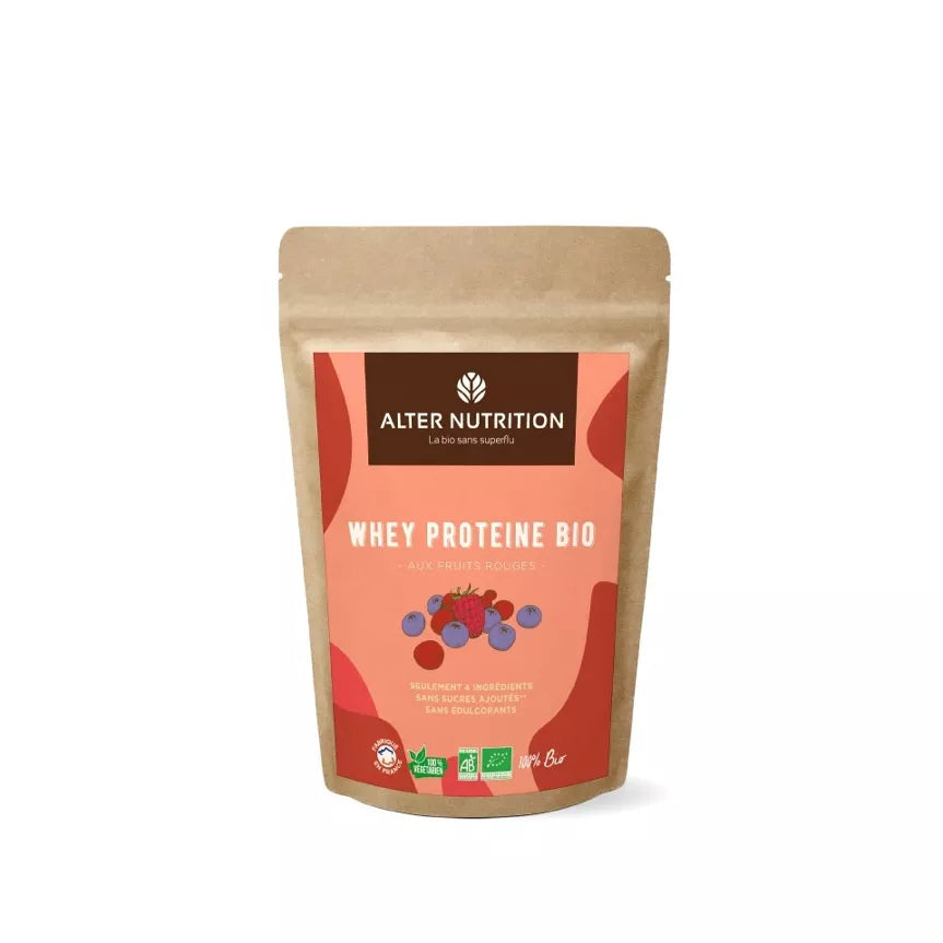 Sac de protéine whey bio fruits rouges avec des certifications bio et nutritionnelles.