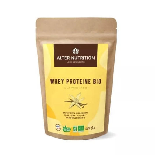 Poudre de protéine whey bio vanille dans un emballage écologique de Le terrier du bien-être