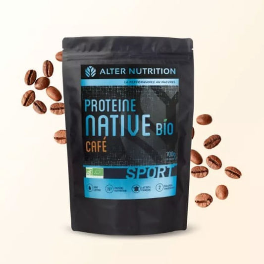 Sac de protéine whey native bio café 700g avec grains de café, idéal pour les sportifs