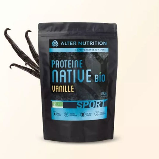 Sachet de protéine whey native bio à la vanille de 700g pour sportifs, de la marque Le terrier du bien-être