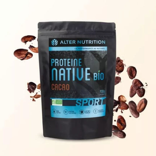 Sachet de protéines whey natives bio cacao de Le terrier du bien-être pour une nutrition sportive saine