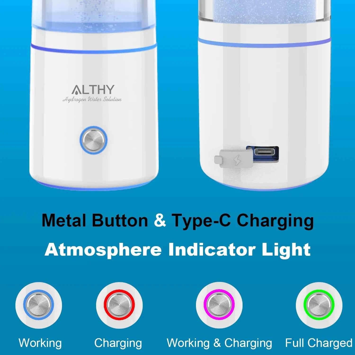 Générateur d'eau à hydrogène avec bouton métallique et indicateur de charge Type-C