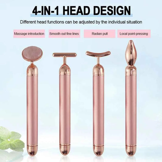 Appareil massage anti-âge maison en rose avec quatre têtes interchangeables pour différents massages