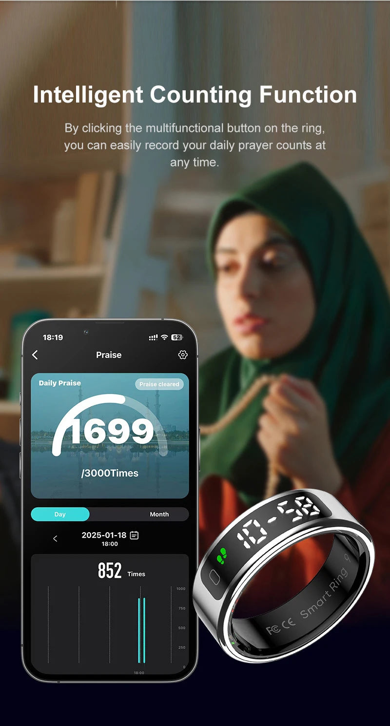 Bague connectée sport santé affichant les fonctions de comptage sur smartphone avec interface utilisateur
