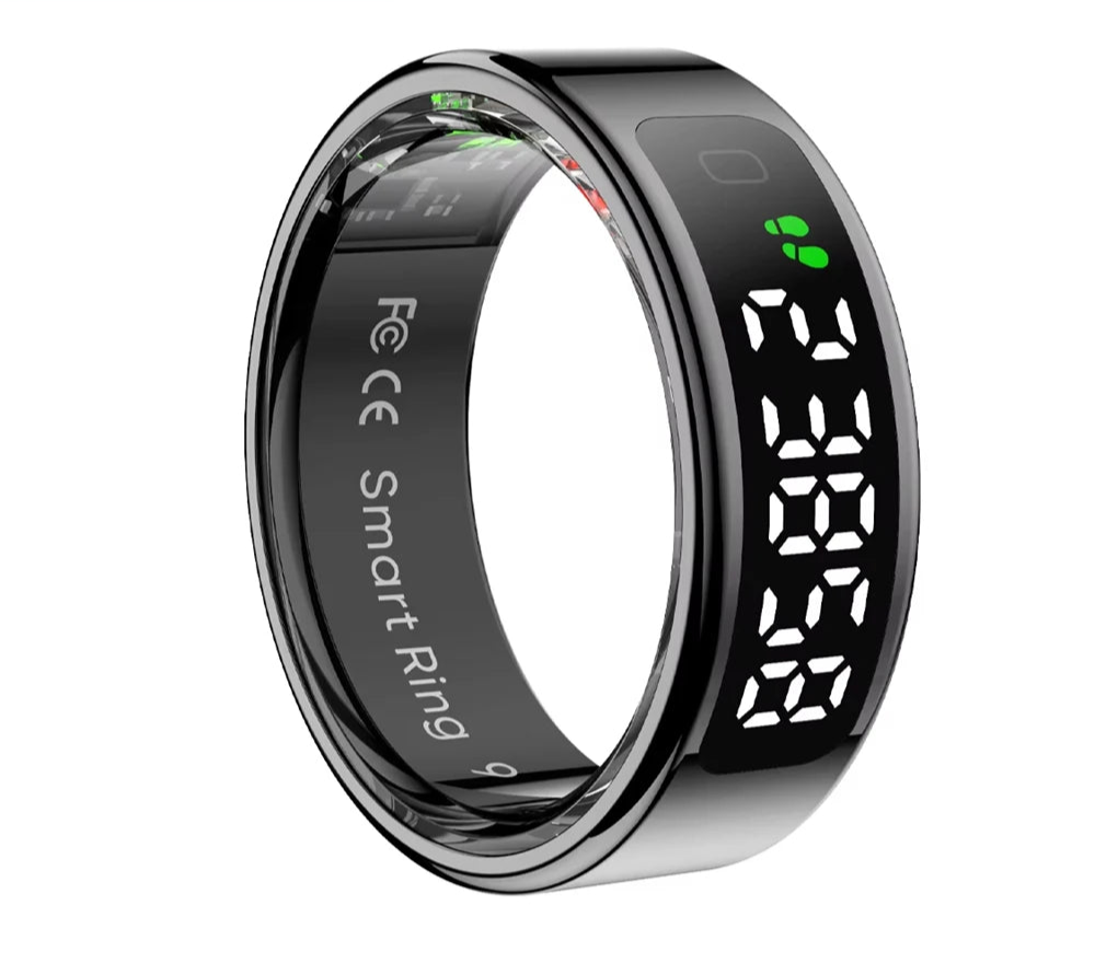 Bague connectée sport santé avec écran LED affichant les données de suivi d'activité