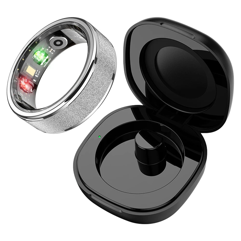 Bague connectée suivi santé performance avec capteurs et étui de chargement élégant