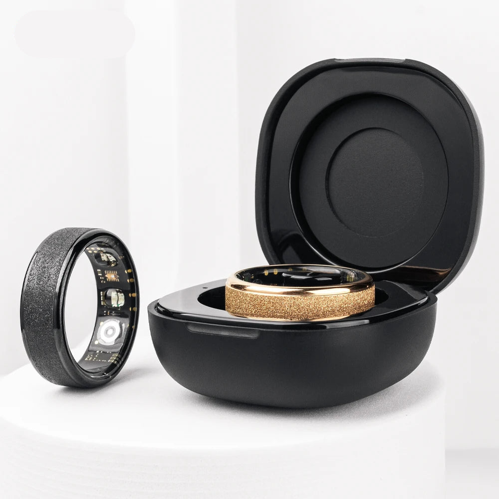 Bague connectée suivi santé performance dans un étui noir élégant avec design moderne